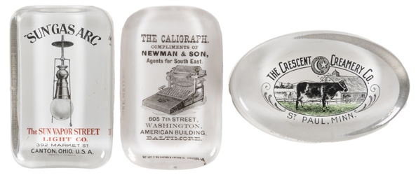  [PAPERWEIGHTS]. Group of 3 Rare Advertising Paperweights. [...