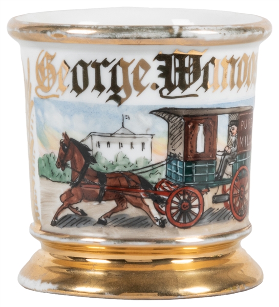  Horse-Drawn Milk Man Shaving Mug. Gilt painted porcelain, l...