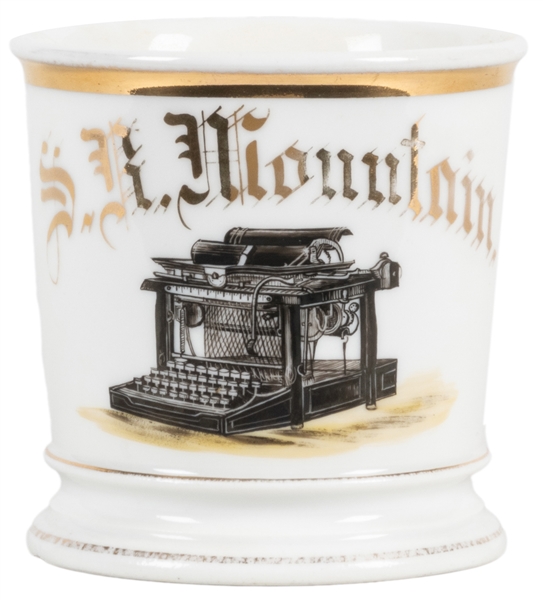  Typewriter Shaving Mug. Gilt painted porcelain, lettered S....