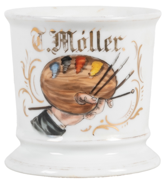  Painter Shaving Mug. Gilt painted porcelain, lettered T. Mo...