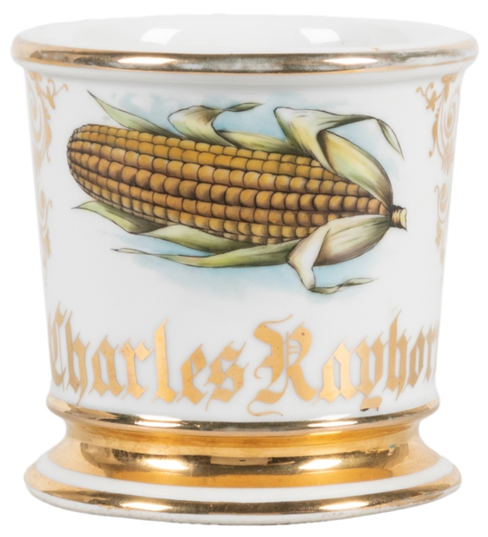  Corn Cob Shaving Mug. Gilt painted porcelain, lettered Char...