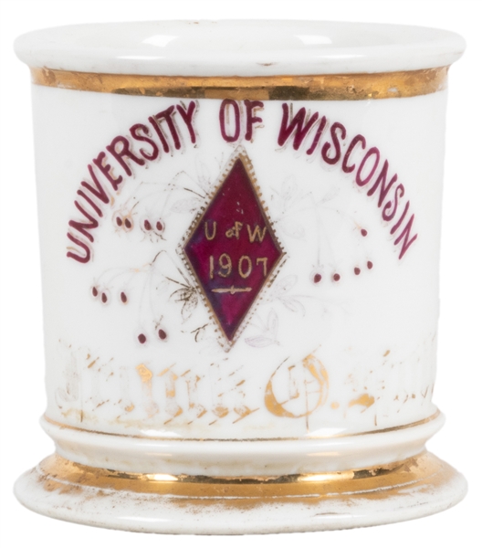  University of Wisconsin Shaving Mug. Gilt porcelain mug, le...