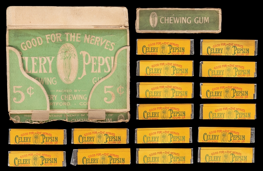  Celery Pepsin Chewing Gum. Lot of 16 Sticks, and Box Panels...