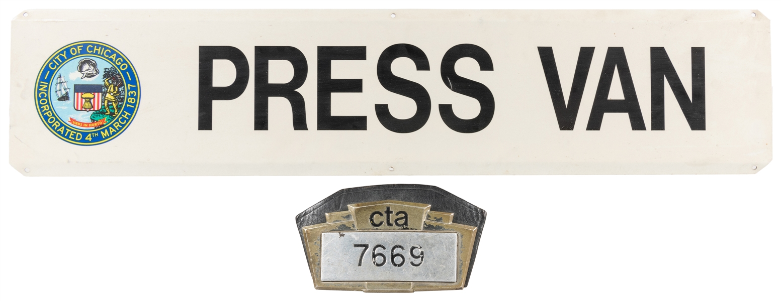  Chicago Press Van Sign, and CTA Employee Badge. Two pieces,...