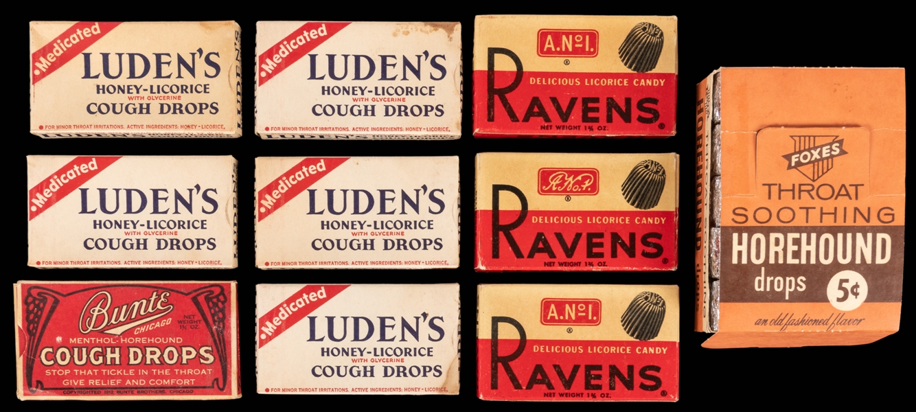  [COUGH DROPS]. Group of 10 Boxes or Countertop Displays of ...