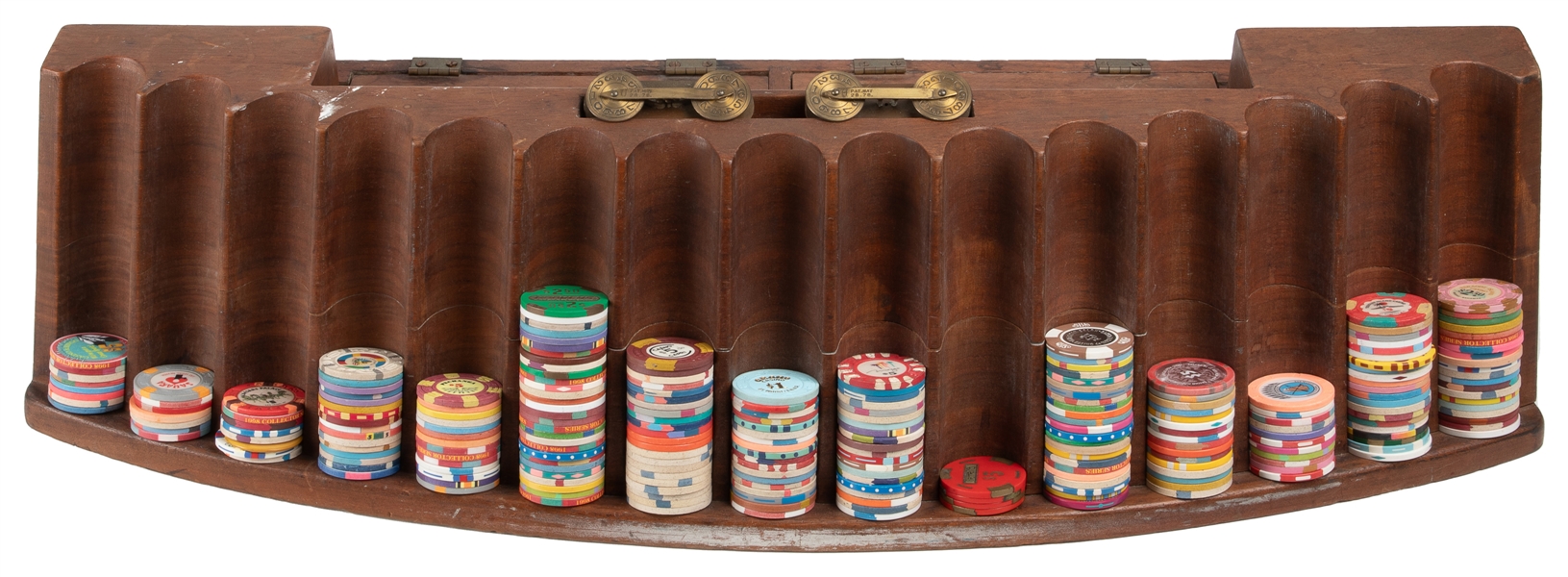  Poker Chip Rack and 240 Assorted Casino Chips. Mason & Co.,...