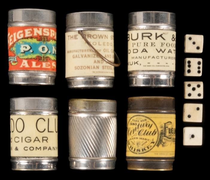  Four Miniature Advertising Dice Shakers. Circa 1900. Tin di...