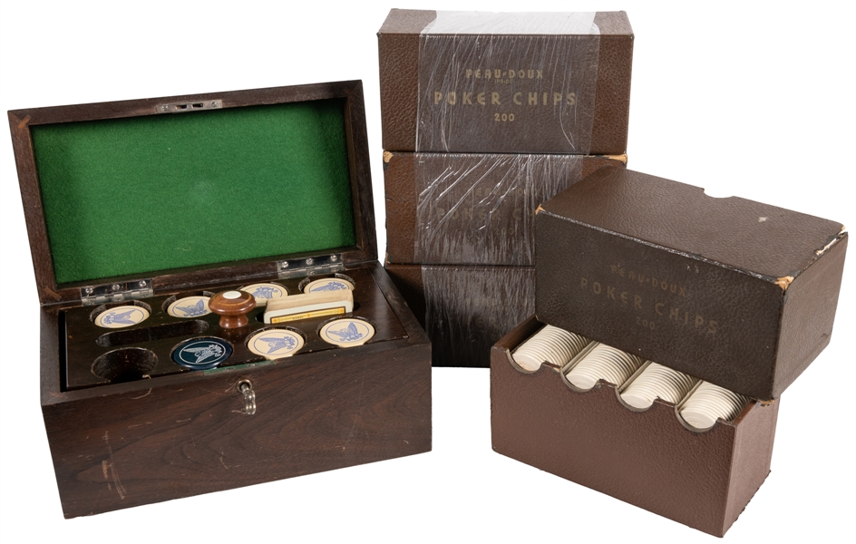  Cased Oak Poker Chip Set and 4 Boxes of Composition Chips. ...