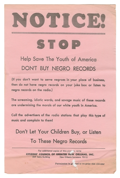  [SEGREGATION]. Circular: “Notice! Stop Help Save The Youth ...