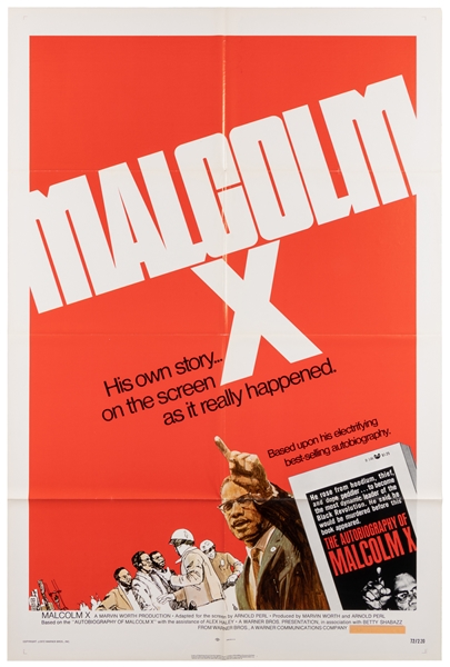  Malcolm X. Warner Bros., 1972. One sheet (41 x 27”). Poster...