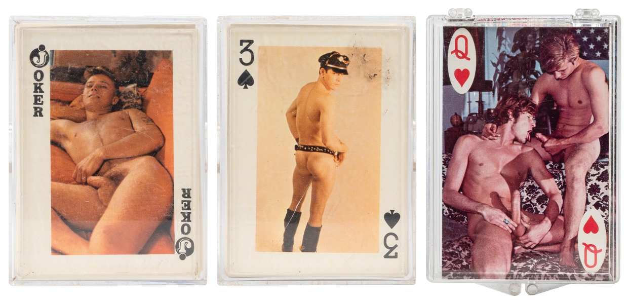  [PLAYING CARDS]. Three decks of gay erotic playing cards. C...