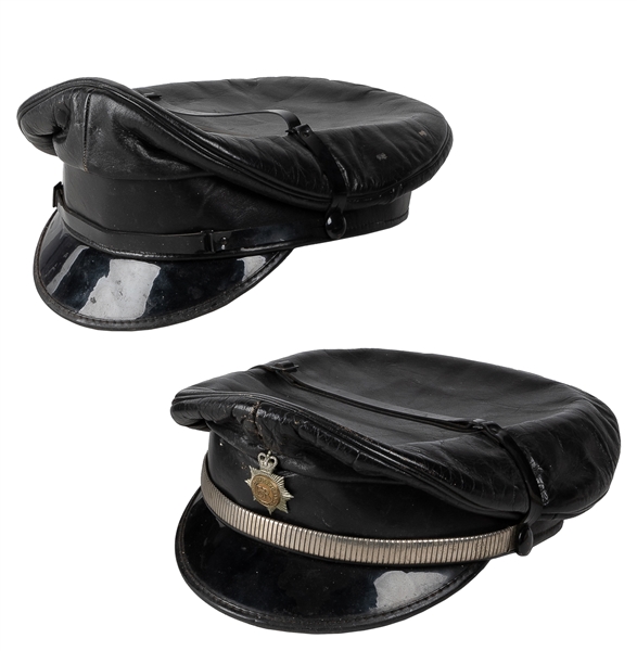  [CLOTHING]. Pair of Vintage Leather Biker Peaked Caps. [Tor...