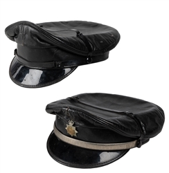  [CLOTHING]. Pair of Vintage Leather Biker Peaked Caps. [Tor...