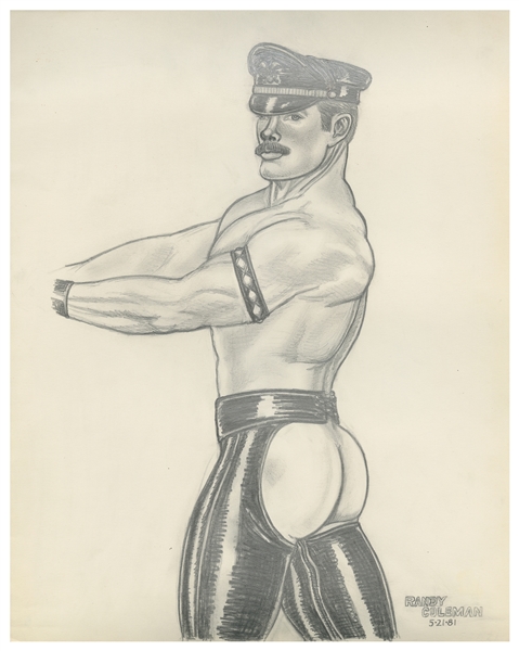 COLEMAN, Randy. Pencil Sketch of a Man in Leather Chaps and Cap. 