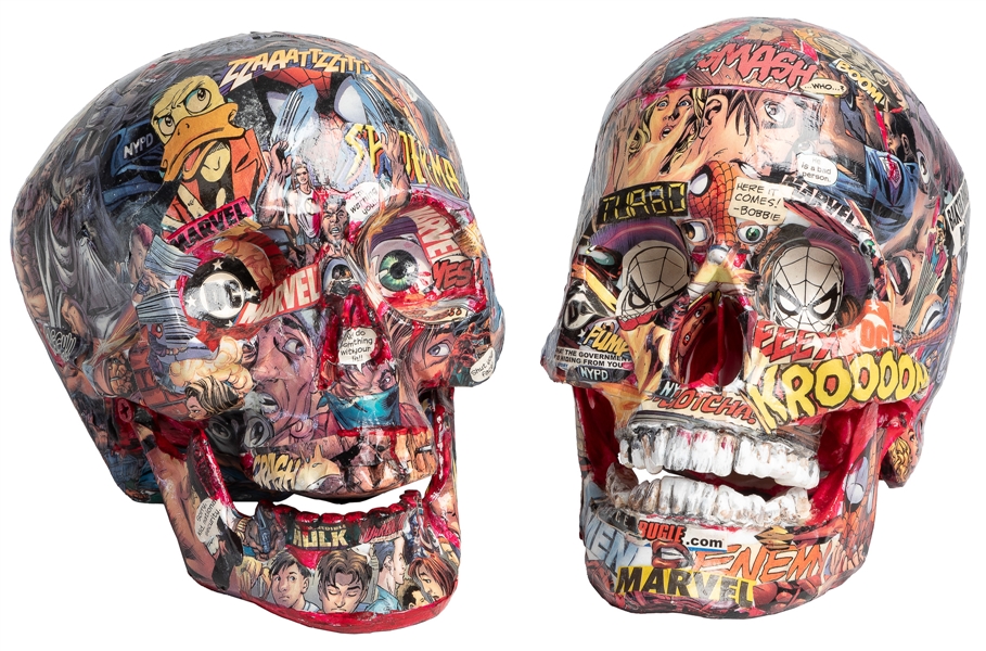  ROANE, Baron (American). Two Comic Book Collage Skulls. 21s...