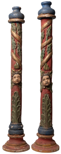  Pair of Polychrome Decorative Columns. (20th century). Pain...