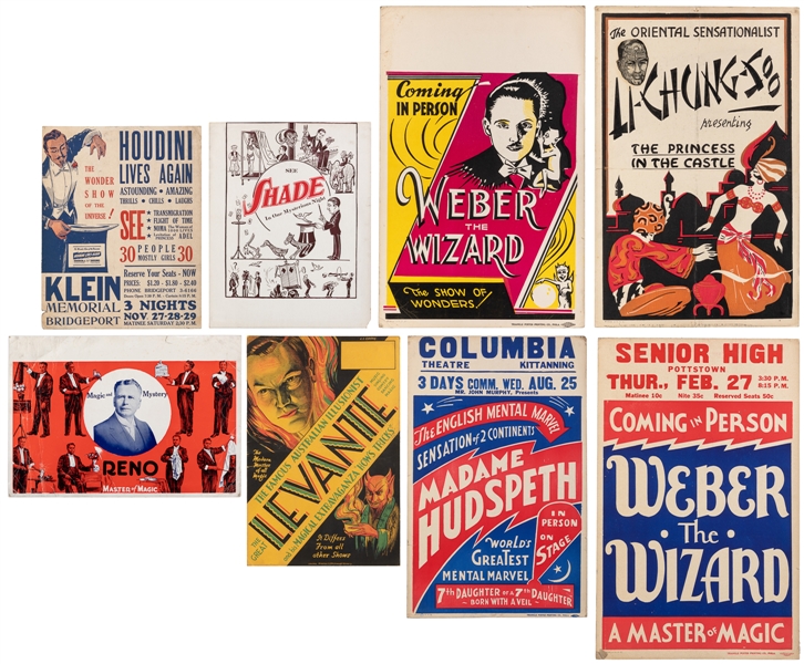  [WINDOW CARDS] Eight Magicians’ Window Cards. 1920s – 50s, ...