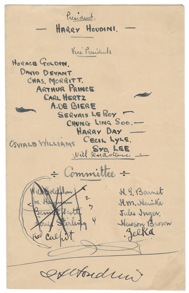  [HOUDINI, Harry (Erik Weisz, 1874 – 1926)]. Signed Magician...