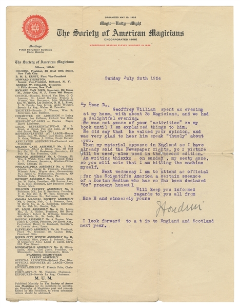  HOUDINI, Harry (Erik Weisz, 1874 – 1926). TLS to De Vega. [...