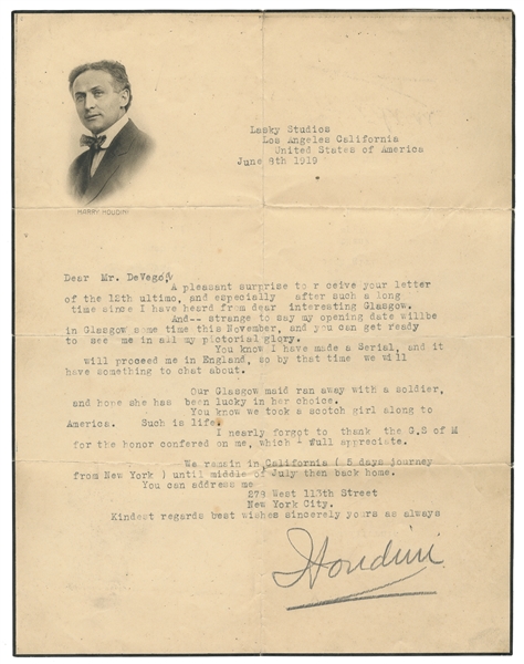  HOUDINI, Harry (Erik Weisz, 1874 – 1926). Houdini TLS to Al...