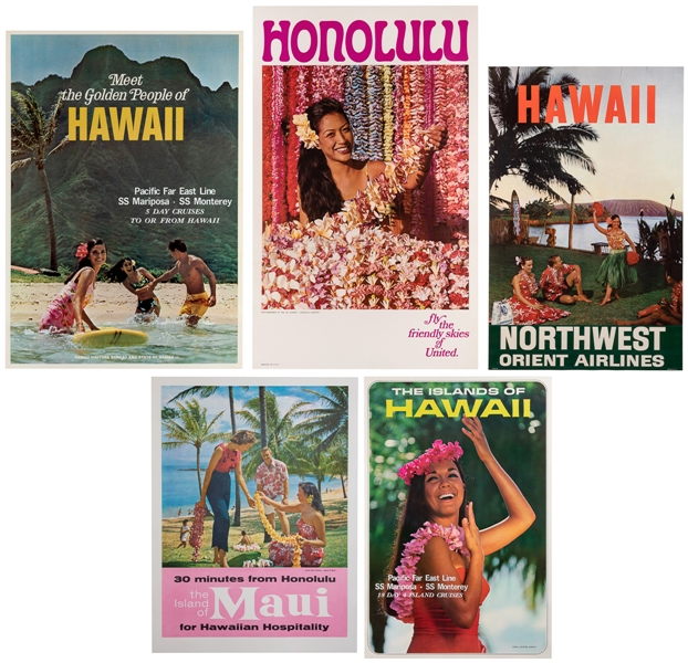  [HAWAII]. Group of 5 airline and tourism posters. Circa 196...