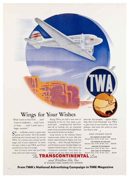  WELSH. Wings for Your Wishes / TWA. Circa 1940s. Color offs...