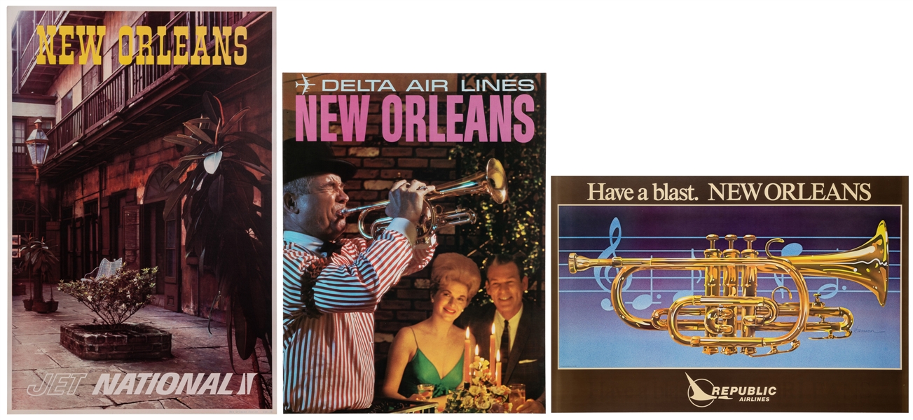  [NEW ORLEANS]. Three vintage airline posters. Circa 1970s-8...