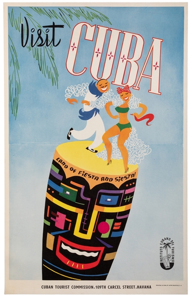  Visit Cuba. Circa 1950s. Havana: Artes Graficas. Color lith...