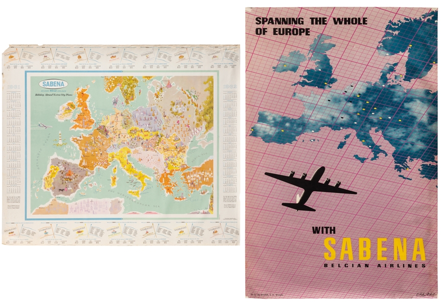  Sabena Belgian Airlines. Two posters. 1950s–60s. Two lithog...