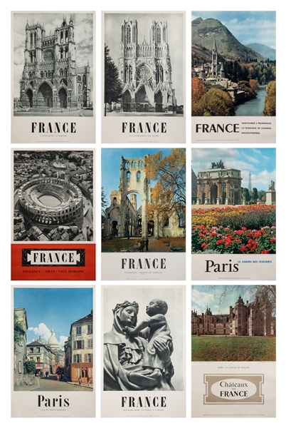  [FRENCH TRAVEL]. Group of 9 tourism posters. Circa 1950s. N...