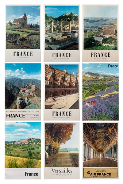  [FRENCH TRAVEL]. Group of 9 tourism posters. Circa 1950s. N...