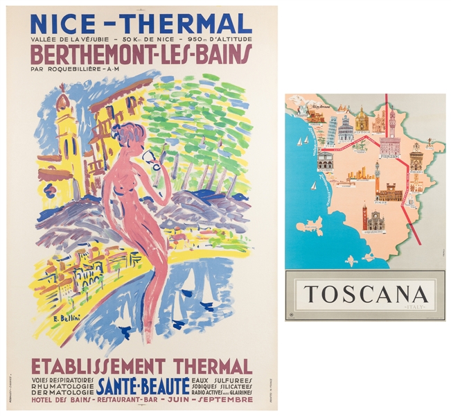  [EUROPEAN TRAVEL]. Two France and Italy travel posters. Cir...