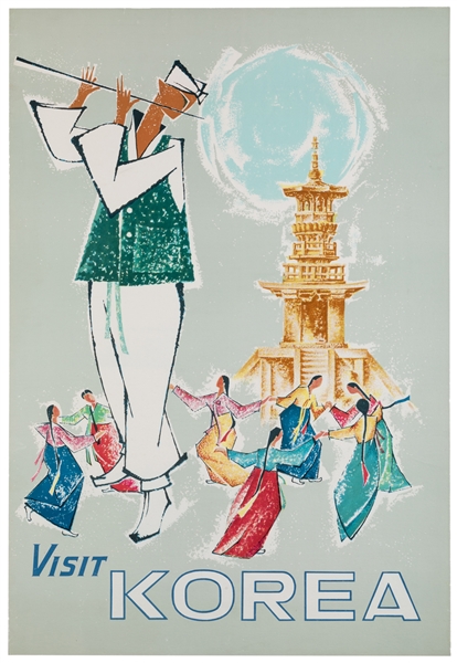  Visit Korea. Color offset lithograph poster depicting a Kor...