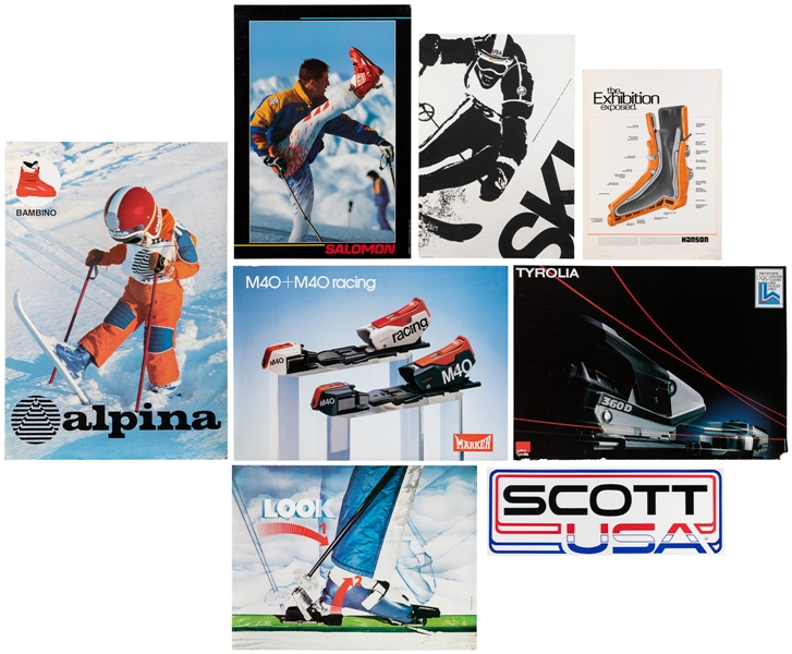  [SKI ADVERTISING] Group of 8 Ski Posters / Equipment, Bindi...