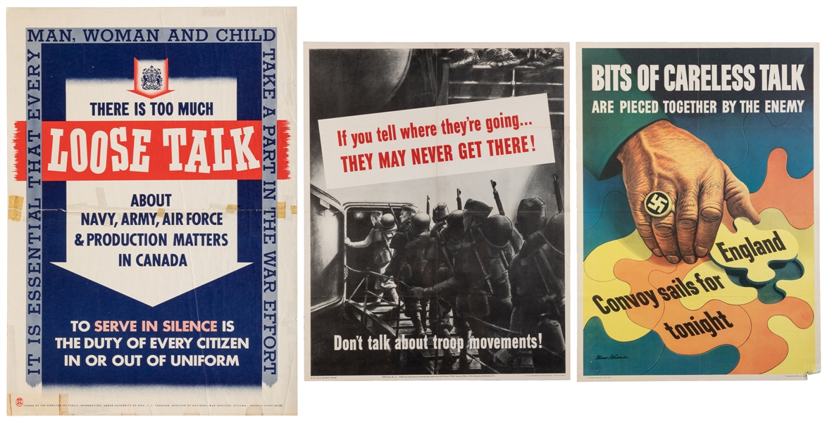  [CARELESS TALK]. Group of 3 anti-espionage posters. America...