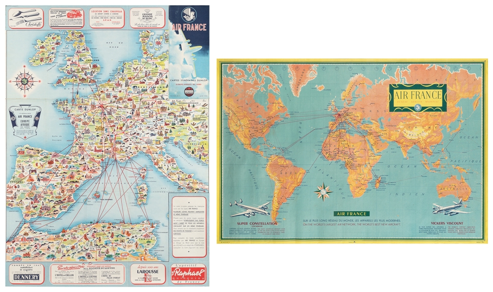  Two Air France route maps. Circa 1950s. Two color lithograp...