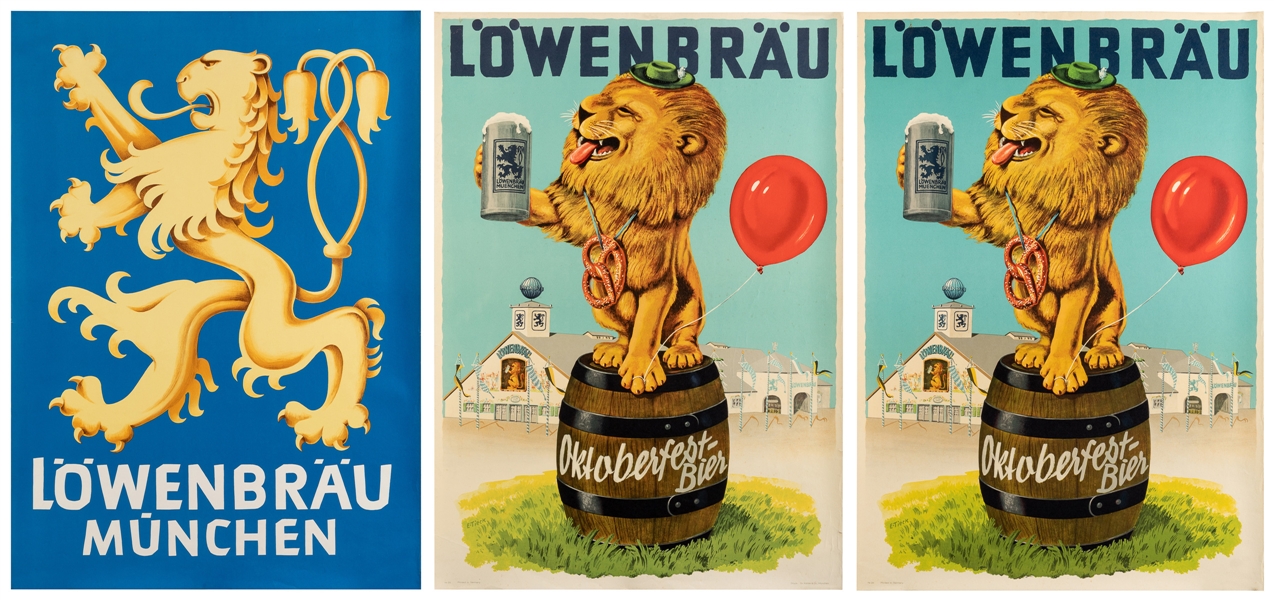  Lowenbrau. Group of 3 beer advertising posters. Circa 1950s...