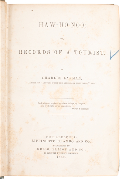  [ANGLING]. LANMAN, Charles. Haw-Ho-Noo; or, Records of a To...