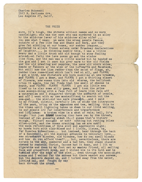  BUKOWSKI, Charles (1920-1994). “The Prize” [Original Typesc...