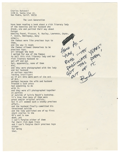  BUKOWSKI, Charles (1920-1994). “The Lost Generation” [Poem ...