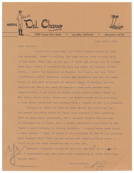  CHANDLER, Raymond (1888-1959). Typed Letter Signed. La Joll...