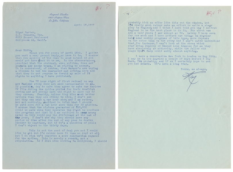  CHANDLER, Raymond (1888-1959). Typed Letter Signed. La Joll...