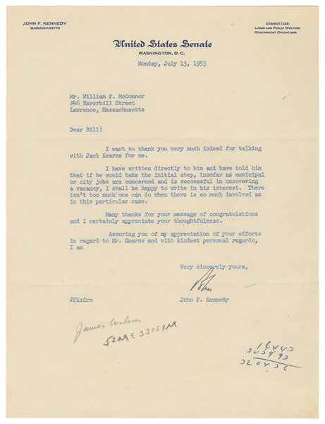  KENNEDY, John F. (1917-1963). Typed Letter Signed. United S...