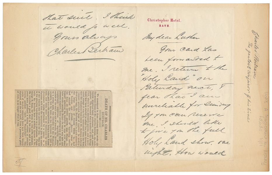  BERTRAM, Charles (1853 – 1907). Autograph letter signed. On...