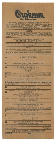  HOUDINI, Harry (Erik Weisz, 1874 – 1926). Orpheum Theatre H...