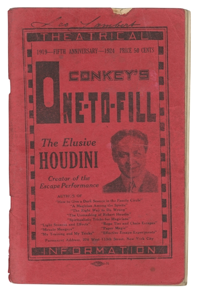  HOUDINI, Harry (Erik Weisz, 1874 – 1926). Conkey’s One-to-F...