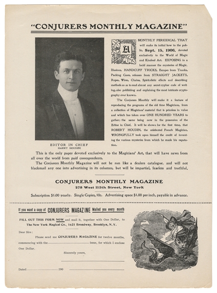 [HOUDINI, Harry]. Conjurers Monthly Magazine Subscription M...