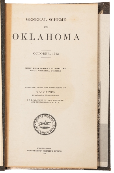  [POST OFFICE]. GAINES, S. M. General Scheme of Oklahoma. Oc...