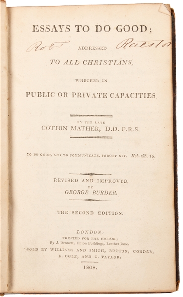  [RELIGION]. MATHER, Cotton (1663-1728). Essays to Do Good; ...