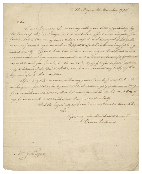  ADAMS, Thomas Boylston (1772-1832). Autograph Letter Signed...